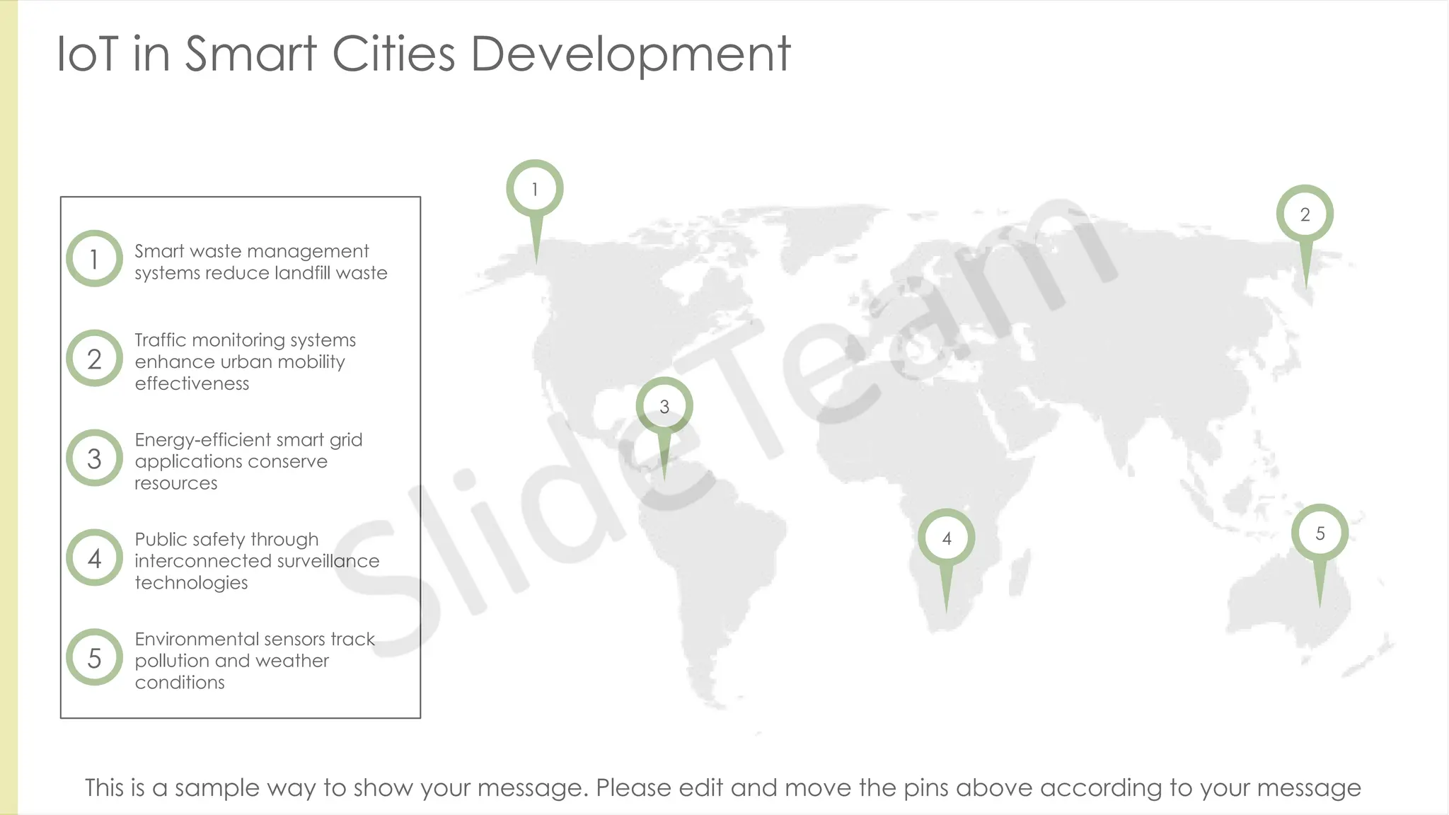 IoT in Smart Cities Development
Smart waste management
systems reduce landfill waste
1
Traffic monitoring systems
enhance urban mobility
effectiveness
2
Energy-efficient smart grid
applications conserve
resources
3
Public safety through
interconnected surveillance
technologies
4
Environmental sensors track
pollution and weather
conditions
5
This is a sample way to show your message. Please edit and move the pins above according to your message
1
2
3
4 5
 