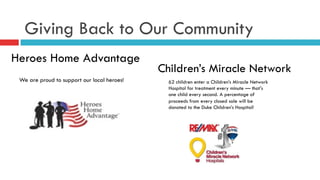 Giving Back to Our Community
Heroes Home Advantage
Children’s Miracle Network
We are proud to support our local heroes! 62 children enter a Children’s Miracle Network
Hospital for treatment every minute — that's
one child every second. A percentage of
proceeds from every closed sale will be
donated to the Duke Children’s Hospital!
 