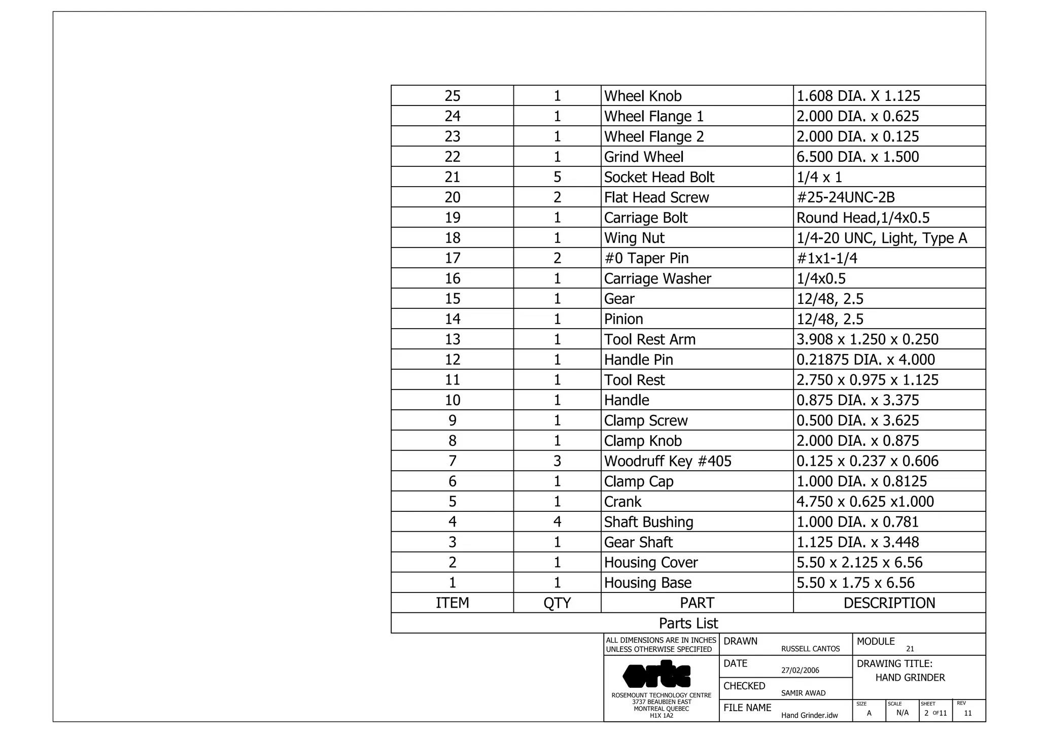 DRAWN
RUSSELL CANTOS
CHECKED
SAMIR AWAD
27/02/2006
HAND GRINDER
SIZE REV
2
MODULE
21
DATE
FILE NAME
Hand Grinder.idw
DRAWING TITLE:
SCALE SHEET
OFA N/A 11 11
ROSEMOUNT TECHNOLOGY CENTRE
3737 BEAUBIEN EAST
MONTREAL QUEBEC
H1X 1A2
ALL DIMENSIONS ARE IN INCHES
UNLESS OTHERWISE SPECIFIED
Parts List
ITEM QTY PART DESCRIPTION
1 1 Housing Base 5.50 x 1.75 x 6.56
2 1 Housing Cover 5.50 x 2.125 x 6.56
3 1 Gear Shaft 1.125 DIA. x 3.448
4 4 Shaft Bushing 1.000 DIA. x 0.781
5 1 Crank 4.750 x 0.625 x1.000
6 1 Clamp Cap 1.000 DIA. x 0.8125
7 3 Woodruff Key #405 0.125 x 0.237 x 0.606
8 1 Clamp Knob 2.000 DIA. x 0.875
9 1 Clamp Screw 0.500 DIA. x 3.625
10 1 Handle 0.875 DIA. x 3.375
11 1 Tool Rest 2.750 x 0.975 x 1.125
12 1 Handle Pin 0.21875 DIA. x 4.000
13 1 Tool Rest Arm 3.908 x 1.250 x 0.250
14 1 Pinion 12/48, 2.5
15 1 Gear 12/48, 2.5
16 1 Carriage Washer 1/4x0.5
17 2 #0 Taper Pin #1x1-1/4
18 1 Wing Nut 1/4-20 UNC, Light, Type A
19 1 Carriage Bolt Round Head,1/4x0.5
20 2 Flat Head Screw #25-24UNC-2B
21 5 Socket Head Bolt 1/4 x 1
22 1 Grind Wheel 6.500 DIA. x 1.500
23 1 Wheel Flange 2 2.000 DIA. x 0.125
24 1 Wheel Flange 1 2.000 DIA. x 0.625
25 1 Wheel Knob 1.608 DIA. X 1.125
 
