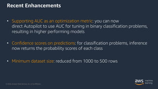 © 2020, Amazon Web Services, Inc. or its Affiliates.
Recent Enhancements
• Supporting AUC as an optimization metric: you c...