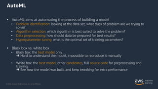 © 2020, Amazon Web Services, Inc. or its Affiliates.
AutoML
• AutoML aims at automating the process of building a model
• ...