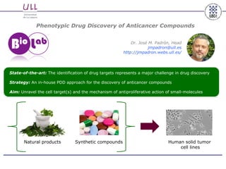 Phenotypic Drug Discovery of Anticancer Compounds
Dr. José M. Padrón, Head
jmpadron@ull.es
http://jmpadron.webs.ull.es/
Natural products Synthetic compounds
State-of-the-art: The identiﬁcation of drug targets represents a major challenge in drug discovery
Strategy: An in-house PDD approach for the discovery of anticancer compounds
Aim: Unravel the cell target(s) and the mechanism of antiproliferative action of small-molecules
Human solid tumor
cell lines
 