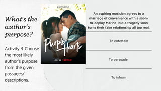 An aspiring musician agrees to a
marriage of convenience with a soon-
to-deploy Marine, but a tragedy soon
turns their fake relationship all too real.
To entertain
To persuade
To inform
What's the
author's
purpose?
Activity 4:Choose
the most likely
author’s purpose
from the given
passages/
descriptions.
 