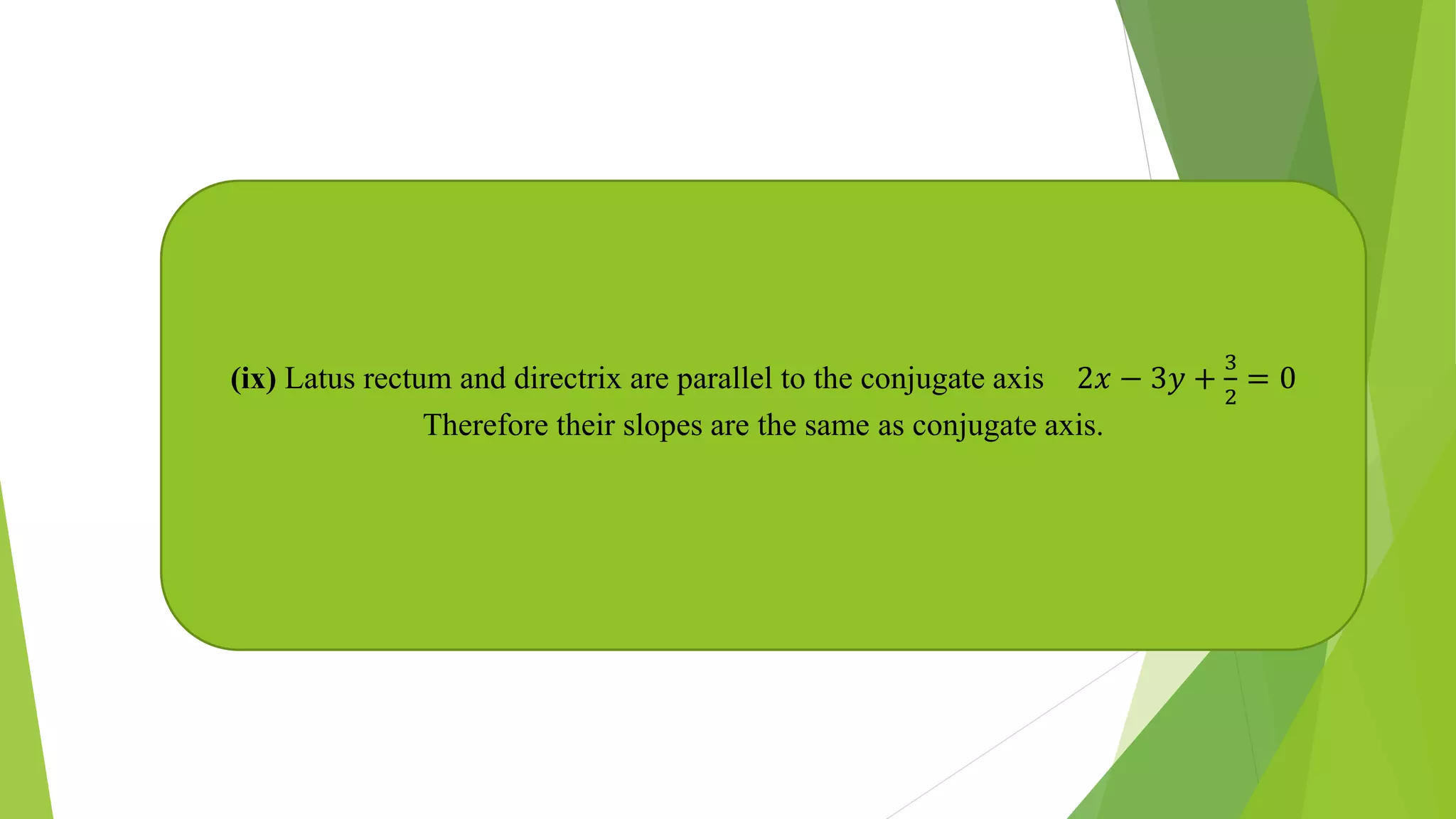 (ix) Latus rectum and directrix are parallel to the conjugate axis 2𝑥 − 3𝑦 +
3
2
= 0
Therefore their slopes are the same as conjugate axis.
 