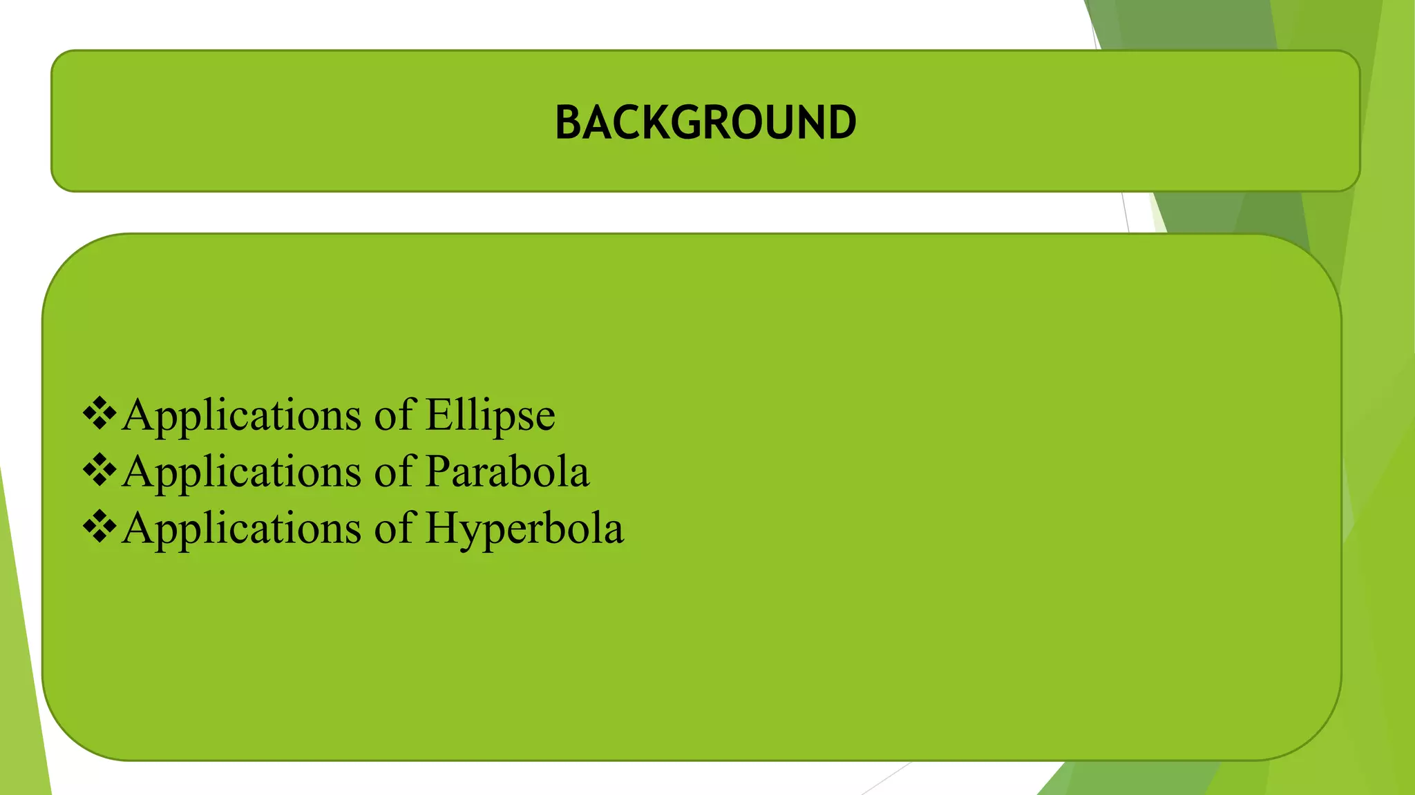 BACKGROUND
Applications of Ellipse
Applications of Parabola
Applications of Hyperbola
 