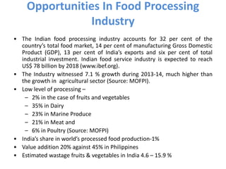 Opportunities In Food Processing
Industry
• The Indian food processing industry accounts for 32 per cent of the
country’s total food market, 14 per cent of manufacturing Gross Domestic
Product (GDP), 13 per cent of India’s exports and six per cent of total
industrial investment. Indian food service industry is expected to reach
US$ 78 billion by 2018 (www.ibef.org).
• The Industry witnessed 7.1 % growth during 2013-14, much higher than
the growth in agricultural sector (Source: MOFPI).
• Low level of processing –
– 2% in the case of fruits and vegetables
– 35% in Dairy
– 23% in Marine Produce
– 21% in Meat and
– 6% in Poultry (Source: MOFPI)
• India’s share in world’s processed food production-1%
• Value addition 20% against 45% in Philippines
• Estimated wastage fruits & vegetables in India 4.6 – 15.9 %
 