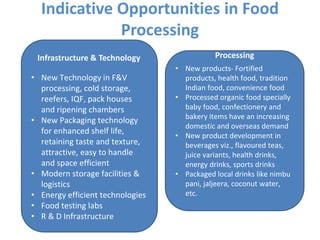 Indicative Opportunities in Food
Processing
Infrastructure & Technology
• New Technology in F&V
processing, cold storage,
reefers, IQF, pack houses
and ripening chambers
• New Packaging technology
for enhanced shelf life,
retaining taste and texture,
attractive, easy to handle
and space efficient
• Modern storage facilities &
logistics
• Energy efficient technologies
• Food testing labs
• R & D Infrastructure
• New products- Fortified
products, health food, tradition
Indian food, convenience food
• Processed organic food specially
baby food, confectionery and
bakery items have an increasing
domestic and overseas demand
• New product development in
beverages viz., flavoured teas,
juice variants, health drinks,
energy drinks, sports drinks
• Packaged local drinks like nimbu
pani, jaljeera, coconut water,
etc.
Infrastructure & Technology Processing
 