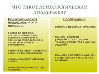 ЧТО ТАКОЕ ПСИХОЛОГИЧЕСКАЯ
ПОДДЕРЖКА?
• Психологическая
поддержка – это
процесс:
• в котором взрослый
сосредотачивается на
позитивных сторонах и
преимуществах ребенка с
целью укрепления его
самооценки;
• который помогает поверить в
себя и в свои способности;
• который помогает избежать
ошибок;
• который поддерживает при
неудачах.
Необходимо:
• забыть о прошлых неудачах;
• помочь обрести
уверенность в том, что
человек справится с данной
задачей;
• помнить о прошлых удачах и
возвращаться к ним, а не к
ошибкам.
 