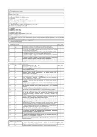 E-mail:
1.8. Nome do Responsável Técnico:
CRF/U.F nº.:
Presente? ( ) Sim ( ) Não
1.9. Tipo de preparação que manipula:
( ) Homeopatia ( ) Alopatia ( ) Preparações estéreis
( ) Fitoterápicos
1.10. Quais as formas farmacêuticas preparadas?
( ) Sólidos ( ) Semi-Sólidos ( ) Líquidos Orais ( ) Líquidos uso externo
( ) Injetáveis de Pequeno Volume ( ) Colírios
( ) Outras. Identificar ____________________________________________
1.11. Manipula Substâncias de Baixo Índice Terapêutico? ( ) Sim ( ) Não
Alta dosagem e baixa potência? ( ) Sim ( ) Não
Baixa dosagem e alta potência? ( ) Sim ( ) Não
1.12. Manipula:
a) Hormônios? ( ) Sim ( ) Não
b) Antibióticos? ( ) Sim ( ) Não
c) Citostáticos? ( ) Sim ( ) Não
d) Substâncias sujeitas a controle especial? ( ) Sim ( ) Não
1.13. Possui Filiais? Quantas?
OBS: Anexar relação com dados cadastrais
1.14. Caso a empresa possua mais de um estabelecimento, a farmácia centraliza alguma atividade de manipulação? Como estas atividades
são distribuídas?
1.15. São centralizadas as atividades de controle de qualidade?
1.16. Pessoas contactadas/função:
2. CONDIÇÕES GERAIS SIM NÃO
2.1. R As imediações da farmácia estão limpas e em bom estado de conservação?
2.2. INF Existem fontes de poluição ou contaminação ambiental próximas à farmácia?
2.3. I A dispensação das preparações magistrais de medicamentos é feita somente mediante
prescrição de profissional habilitado?
2.4. N A manipulação das preparações oficinais é feita de acordo com a legislação vigente?
2.5. I É respeitada a proibição de aviar receitas em código, siglas ou números?
2.6. I É respeitada a proibição de dispensação de medicamentos manipulados em substituição
a medicamentos industrializados?
2.7. N É respeitada a proibição de captação de receitas contendo prescrições de medicamentos
magistrais e oficinais em drogarias, ervanarias e postos de medicamentos?
2.8. N É respeitada a proibição de intermediação de fórmulas entre farmácias de diferentes
empresas?
3. RECURSOS HUMANOS E ORGANIZAÇÃO
3.1. INF Número total de funcionários: (M) ___ (F) __
Nível superior: ___2° grau completo: ______
Outros níveis: ______
SIM NÃO
3.2. I Existe farmacêutico presente?
3.3. R A farmácia possui um organograma?
3.4. N Demonstra possuir estrutura organizacional e de pessoal suficiente para o
desenvolvimento de suas atividades?
3.5. R As atribuições e responsabilidades individuais estão formalmente descritas e
perfeitamente compreensíveis a todos os empregados?
3.6. INF Existe sobreposição de atribuições e responsabilidades que possa comprometer a
aplicação das Boas Práticas de Manipulação?
3.7. N É proibida a entrada de pessoal não autorizado nos diversos setores da área de
manipulação?
3.8. R Na hipótese da necessidade de pessoas estranhas terem acesso à área de manipulação,
existe procedimento escrito?
3.8.1 N São previamente informadas sobre a conduta, higiene pessoal e uso de vestimentas
protetoras?
3.9. N A admissão dos funcionários é precedida de exames médicos?
3.10. N São realizadas avaliações médicas periódicas de todos os funcionários da farmácia?
3.11. R Foi elaborado “Programa de Controle Médico e Saúde Ocupacional” (PCMSO)?
3.12. I Em caso de lesão exposta, suspeita ou confirmação de enfermidade que possa
comprometer a qualidade da preparação magistral, o funcionário é afastado de suas
atividades?
3.13. N Na área de pesagem e salas de manipulação é respeitada a proibição do uso de
cosméticos, jóias ou quaisquer objetos de adorno de uso pessoal?
3.14. N É respeitada a proibição de conversar, fumar, comer, beber, mascar, manter plantas,
alimentos, bebidas, produtos fumígenos, medicamentos e objetos pessoais nas salas de
pesagem e manipulação?
3.15. N Os empregados são instruídos e incentivados a reportar aos seus superiores imediatos
qualquer condição de risco relativa ao produto, ambiente, equipamento ou pessoal?
3.16. N A farmácia é responsável pela distribuição dos Equipamentos de Proteção Individual de
forma gratuita, em quantidade suficiente e com reposição periódica?
3.17. N Existe procedimento que oriente os funcionários quanto ao uso, manutenção,
conservação e descarte dos Equipamentos de Proteção Individual?
3.18. N Os funcionários envolvidos na manipulação estão adequadamente paramentados,
utilizando equipamentos de proteção individual (EPIs)?
3.19. INF Qual a freqüência de troca de uniformes?
3.20. R A lavagem dos equipamentos de proteção individual dos funcionários envolvidos na
manipulação é de responsabilidade da farmácia?
3.21. N Existe procedimento para paramentação e higienização das mãos e antebraços antes do
início da manipulação?
4. INFRA-ESTRUTURA FÍSICA
4.1. N A farmácia está localizada, projetada, construída ou adaptada, com uma infra-estrutura
adequada às atividades desenvolvidas?
SIM NÃO
4.2. N As áreas e instalações são adequadas e suficientes ao desenvolvimento das operações?
 