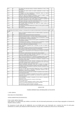 19.21. R A rotulagem das tinturas-mãe atende aos requisitos estabelecidos no Anexo V deste
Regulamento?
19.22. R A rotulagem das matrizes atende aos requisitos estabelecidos no Anexo V deste
Regulamento?
19.23. N A rotulagem das formas farmacêuticas de dispensação atende aos requisitos
estabelecidos no Anexo V deste Regulamento?
19.24. N Consta dos rótulos das preparações homeopáticas o prazo de validade e, quando
necessário, a indicação das condições para sua conservação?
19.25. N A farmácia realiza análises de controle de qualidade dos insumos inertes recebidos?
19.26. N Os insumos ativos para os quais existem métodos de controle de qualidade são
adquiridos acompanhados dos respectivos certificados de análise?
19.27. R Os insumos ativos para os quais não existem métodos de controle de qualidade são
adquiridos acompanhados da respectiva descrição de preparo?
19.28. N São realizadas análises microbiológicas das matrizes do estoque existente, por
amostragem representativa?
19.28.1. N Foi estipulada a periodicidade adequada para as análises, de forma a garantir a qualidade
de suas matrizes?
19.28.2. N São mantidos os registros das análises realizadas?
20. PREPARAÇÃO DE DOSE UNITÁRIA E UNITARIZAÇÃO DE DOSES DE MEDICAMENTO EM SERVIÇOS DE
SAÚDE
SIM NÃO
20.1. I Trata-se de farmácia de atendimento privativo de unidade hospitalar ou equivalente de
assistência médica?
20.2. INF A farmácia realiza transformação/derivação de medicamentos?
20.2.1. N Atende aos requisitos do item 3.1.1. do Anexo VI para a execução de tal atividade?
20.3. N A preparação de doses unitárias e a unitarização de doses de medicamentos é realizada
sob responsabilidade e orientação do farmacêutico?
20.3.1. N São efetuados os respectivos registros de forma a garantir a rastreabilidade dos produtos
e procedimentos realizados?
20.4. N A preparação de doses unitárias e a unitarização de dose do medicamento, é registrada
em Livro de Registro de Receituário, ou seu equivalente eletrônico?
20.4.1. N Os registros contêm todos as informações necessárias?
20.5. N Existe procedimento operacional para a prevenção de trocas ou misturas de
medicamentos?
20.6. N É observada a proibição de realização de procedimentos de preparação concomitante, de
doses unitárias ou unitarização de doses de mais de um medicamento?
20.7. N A escrituração de todas as operações relacionadas com os procedimentos de preparação
de dose unitária ou unitarização de doses do medicamento está legível, sem rasuras ou
emendas?
20.8. R A escrituração é mantida atualizada, sendo observada a ordem cronológica?
20.9 N O prazo de validade dos produtos submetidos à preparação de dose unitária ou a
unitarização de doses atende ao disposto no Anexo VI?
20.10. R Para os casos de fracionamento sem o rompimento da embalagem primária, a farmácia
adquire medicamentos disponíveis no mercado em embalagem primária fracionável?
20.11. INF A farmácia mantém estoque dos medicamentos já submetidos à preparação de dose
unitarizada por quanto tempo?
20.12. N A embalagem primária do produto submetido à preparação de doses unitárias ou a
unitarização de doses garante que as características do medicamento não sejam alteradas,
preservando a qualidade, eficácia e segurança do mesmo?
20.13. N Existem procedimentos operacionais escritos para as operações de rotulagem e
embalagem de medicamentos submetidos ao preparo de dose unitária ou unitarizada?
20.14. N A rotulagem garante a rastreabilidade do medicamento submetido à preparação de dose
unitária ou unitarizada?
20.15. N O serviço de saúde possui infra-estrutura adequada para exercer as atividades de
preparação de dose unitária ou unitarizada de medicamento, dispondo de todos os
equipamentos e materiais de forma organizada?
20.16. R O serviço possui sala específica para as atividades de preparação de dose unitária ou
unitarizada de medicamento?
20.17. N A sala destinada às atividades de preparação de dose unitária ou unitarizada de
medicamento está devidamente identificada e suas dimensões são compatíveis com o
volume das operações?
A sala destinada às atividades de preparação de dose unitária ou unitarizada de
medicamento possui:
a) Bancada revestida de material liso, resistente e de fácil limpeza;
b) Pia com água corrente;
c) Instrumento cortante, equipamentos, utensílios, vidrarias e demais materiais para uso
exclusivo nas atividades de preparação de dose unitária ou unitarizada
20.18. N
de medicamento e que permita sua limpeza e sanitização;
d) Lixeira com tampa, pedal e saco plástico, devidamente identificada.
ANEXO VIII
PADRÃO MÍNIMO PARA INFORMAÇÕES AO PACIENTE
1. ácido valpróico.
USO ADULTO E PEDIÁTRICO.
VENDA SOB RETENÇÃO DE RECEITA.
Como o ácido valpróico funciona?
ácido valpróico é um medicamento que combate as convulsões e não está relacionado quimicamente com outras drogas empregadas no tratamento de
distúrbios elétricos cerebrais.
Seu mecanismo de ação ainda não foi estabelecido, mas sua atividade parece estar relacionada com o aumento dos níveis do ácido gama-
aminobutírico no cérebro, pela inibição da GABA-transaminase. Sua ação sobre a membrana da célula nervosa é desconhecida.
 