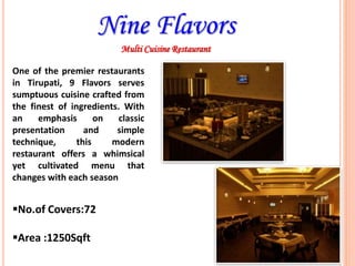 Nine Flavors
Multi Cuisine Restaurant
One of the premier restaurants
in Tirupati, 9 Flavors serves
sumptuous cuisine crafted from
the finest of ingredients. With
an emphasis on classic
presentation and simple
technique, this modern
restaurant offers a whimsical
yet cultivated menu that
changes with each season
No.of Covers:72
Area :1250Sqft
 