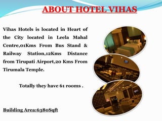 Vihas Hotels is located in Heart of
the City located in Leela Mahal
Centre,01Kms From Bus Stand &
Railway Station,12Kms Distance
from Tirupati Airport,20 Kms From
Tirumala Temple.
Totally they have 61 rooms .
Building Area:6380Sqft
ABOUT HOTEL VIHAS
 
