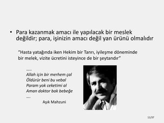 ? Para kazanmak amac? ile yap?lacak bir meslek
de?ildir; para, i?inizin amac? de?il yan rn olmal?d?r
Hasta yata??nda iken Hekim bir Tanr?, iyile?me d?neminde
bir melek, vizite cretini isteyince de bir ?eytand?r
..
Allah i?in bir merhem ?al
?ldrr beni bu vebal
Param yok ceketimi al
Aman doktor bak bebe?e
.
A??k Mahzuni
11/37
 