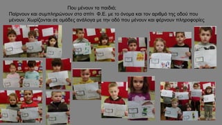 Που μένουν τα παιδιά;
Παίρνουν και συμπληρώνουν στο σπίτι Φ.Ε. με το όνομα και τον αριθμό της οδού που
μένουν. Χωρίζονται σε ομάδες ανάλογα με την οδό που μένουν και φέρνουν πληροφορίες
 