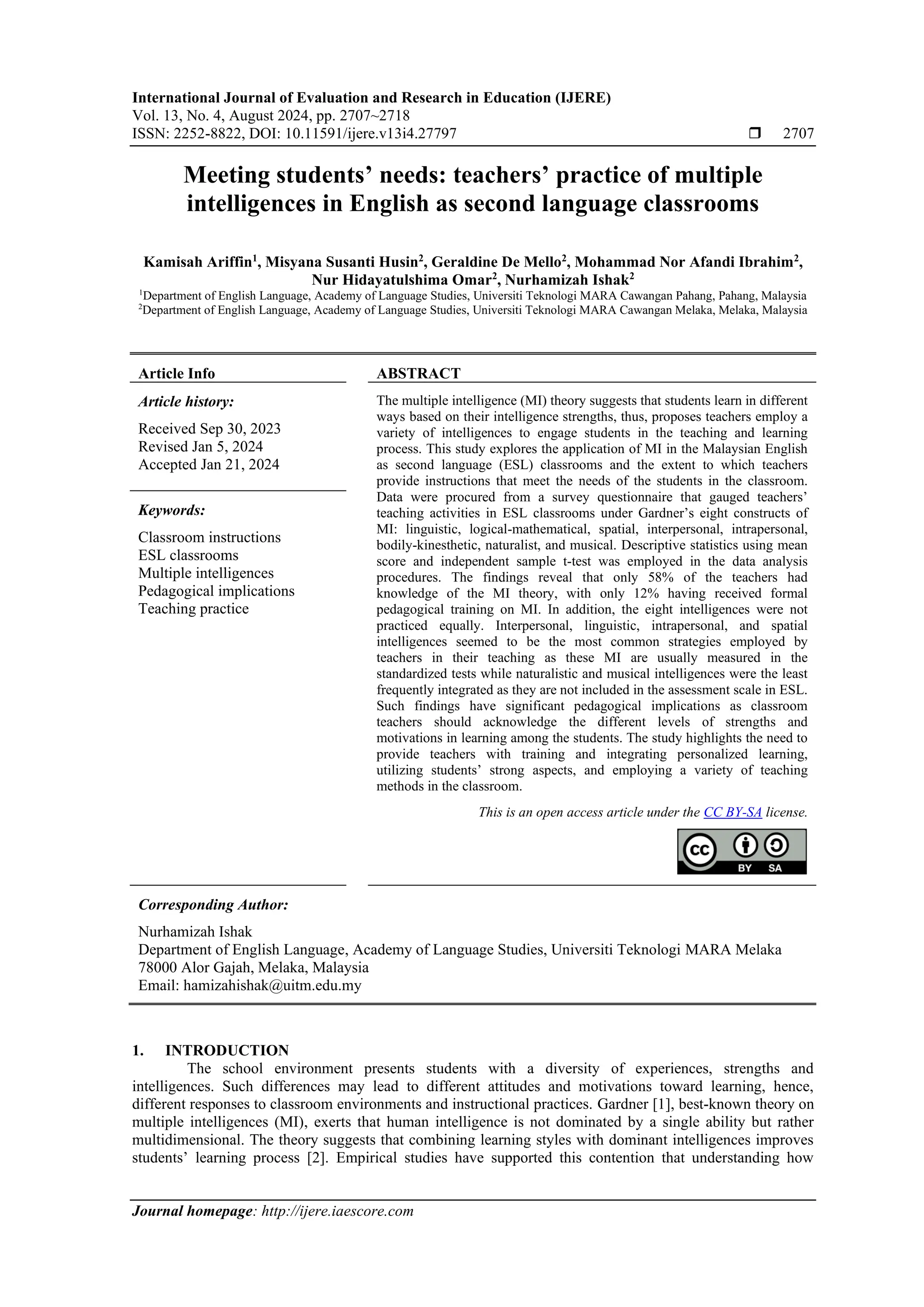 Meeting students’ needs: teachers’ practice of multiple intelligences ...
