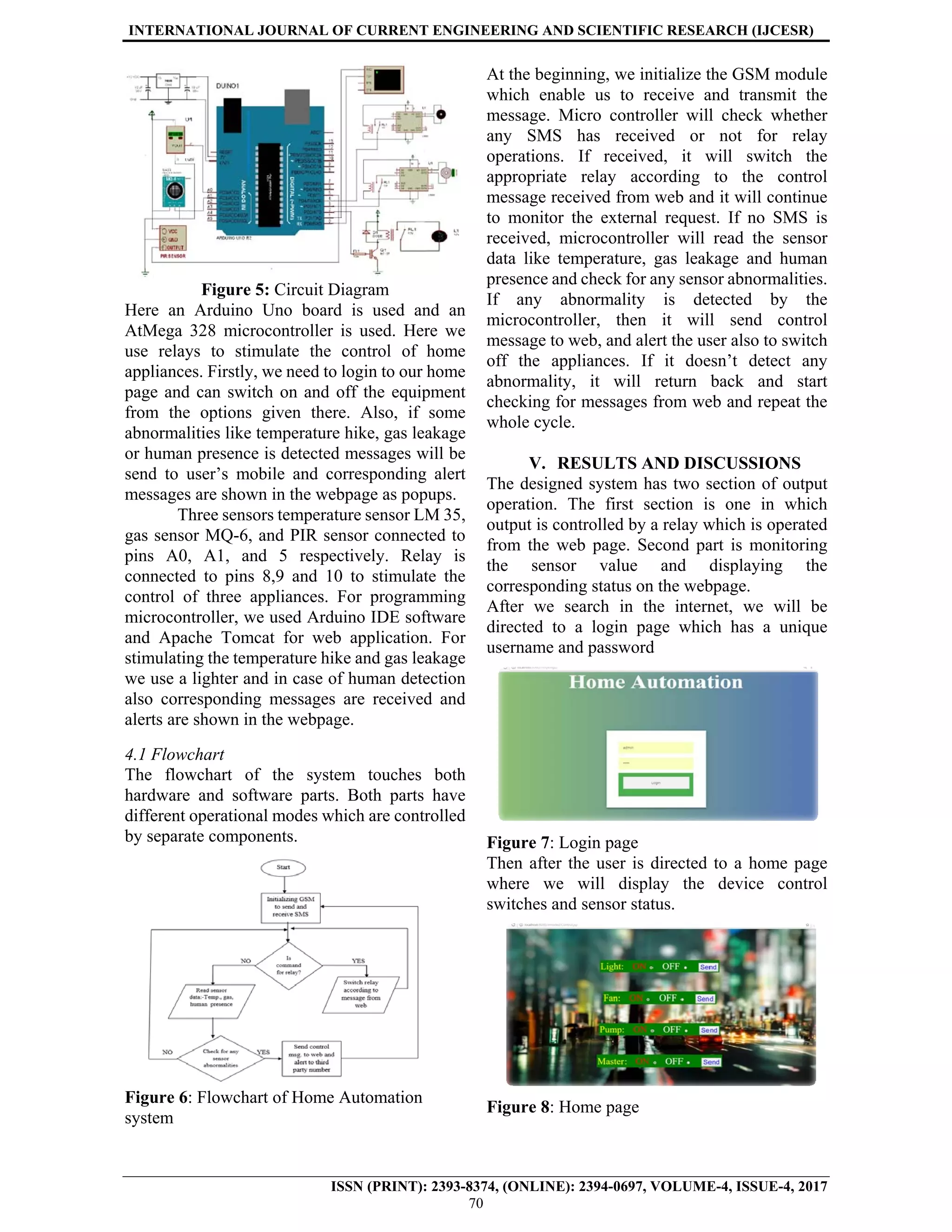INTERNATIONAL JOURNAL OF CURRENT ENGINEERING AND SCIENTIFIC RESEARCH (IJCESR)
ISSN (PRINT): 2393-8374, (ONLINE): 2394-0697, VOLUME-4, ISSUE-4, 2017
70
Figure 5: Circuit Diagram
Here an Arduino Uno board is used and an
AtMega 328 microcontroller is used. Here we
use relays to stimulate the control of home
appliances. Firstly, we need to login to our home
page and can switch on and off the equipment
from the options given there. Also, if some
abnormalities like temperature hike, gas leakage
or human presence is detected messages will be
send to user’s mobile and corresponding alert
messages are shown in the webpage as popups.
Three sensors temperature sensor LM 35,
gas sensor MQ-6, and PIR sensor connected to
pins A0, A1, and 5 respectively. Relay is
connected to pins 8,9 and 10 to stimulate the
control of three appliances. For programming
microcontroller, we used Arduino IDE software
and Apache Tomcat for web application. For
stimulating the temperature hike and gas leakage
we use a lighter and in case of human detection
also corresponding messages are received and
alerts are shown in the webpage.
4.1 Flowchart
The flowchart of the system touches both
hardware and software parts. Both parts have
different operational modes which are controlled
by separate components.
Figure 6: Flowchart of Home Automation
system
At the beginning, we initialize the GSM module
which enable us to receive and transmit the
message. Micro controller will check whether
any SMS has received or not for relay
operations. If received, it will switch the
appropriate relay according to the control
message received from web and it will continue
to monitor the external request. If no SMS is
received, microcontroller will read the sensor
data like temperature, gas leakage and human
presence and check for any sensor abnormalities.
If any abnormality is detected by the
microcontroller, then it will send control
message to web, and alert the user also to switch
off the appliances. If it doesn’t detect any
abnormality, it will return back and start
checking for messages from web and repeat the
whole cycle.
V. RESULTS AND DISCUSSIONS
The designed system has two section of output
operation. The first section is one in which
output is controlled by a relay which is operated
from the web page. Second part is monitoring
the sensor value and displaying the
corresponding status on the webpage.
After we search in the internet, we will be
directed to a login page which has a unique
username and password
Figure 7: Login page
Then after the user is directed to a home page
where we will display the device control
switches and sensor status.
Figure 8: Home page
 
