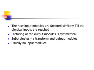  The new input modules are factored similarly Till the
physical inputs are reached
 Factoring of the output modules is symmetrical
 Subordinates - a transform and output modules
 Usually no input modules
 