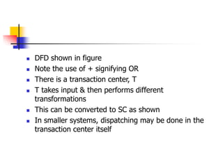  DFD shown in figure
 Note the use of + signifying OR
 There is a transaction center, T
 T takes input & then performs different
transformations
 This can be converted to SC as shown
 In smaller systems, dispatching may be done in the
transaction center itself
 