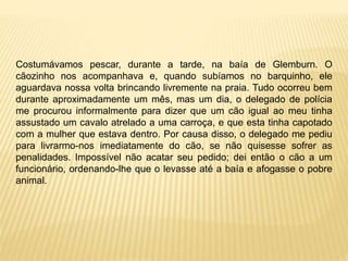 Costumávamos pescar, durante a tarde, na baía de Glemburn. O
cãozinho nos acompanhava e, quando subíamos no barquinho, ele
aguardava nossa volta brincando livremente na praia. Tudo ocorreu bem
durante aproximadamente um mês, mas um dia, o delegado de polícia
me procurou informalmente para dizer que um cão igual ao meu tinha
assustado um cavalo atrelado a uma carroça, e que esta tinha capotado
com a mulher que estava dentro. Por causa disso, o delegado me pediu
para livrarmo-nos imediatamente do cão, se não quisesse sofrer as
penalidades. Impossível não acatar seu pedido; dei então o cão a um
funcionário, ordenando-lhe que o levasse até a baía e afogasse o pobre
animal.
 