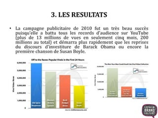 3. LES RESULTATS
• La campagne publicitaire de 2010 fut un très beau succès
puisqu’elle a battu tous les records d’audience sur YouTube
(plus de 13 millions de vues en seulement cinq mois, 200
millions au total) et démarra plus rapidement que les reprises
du discours d’investiture de Barack Obama ou encore la
première chanson de Susan Boyle.
 