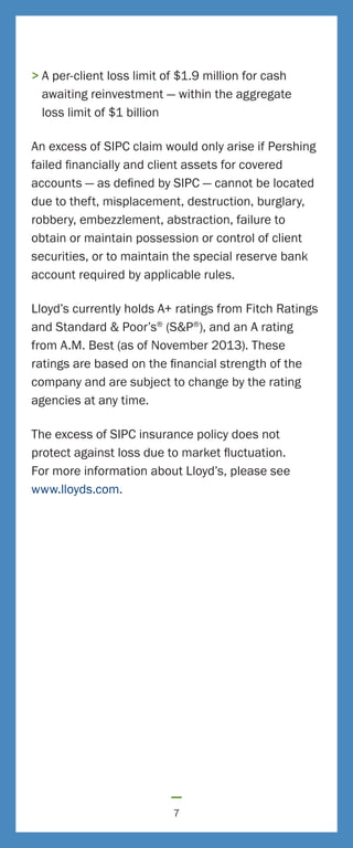 7
	A per-client loss limit of $1.9 million for cash
awaiting reinvestment — within the aggregate
loss limit of $1 billion
An excess of SIPC claim would only arise if Pershing
failed financially and client assets for covered
accounts — as defined by SIPC — cannot be located
due to theft, misplacement, destruction, burglary,
robbery, embezzlement, abstraction, failure to
obtain or maintain possession or control of client
securities, or to maintain the special reserve bank
account required by applicable rules.
Lloyd’s currently holds A+ ratings from Fitch Ratings
and Standard  Poor’s®
(SP®
), and an A rating
from A.M. Best (as of November 2013). These
ratings are based on the financial strength of the
company and are subject to change by the rating
agencies at any time.
The excess of SIPC insurance policy does not
protect against loss due to market fluctuation.
For more information about Lloyd’s, please see
www.lloyds.com.
 