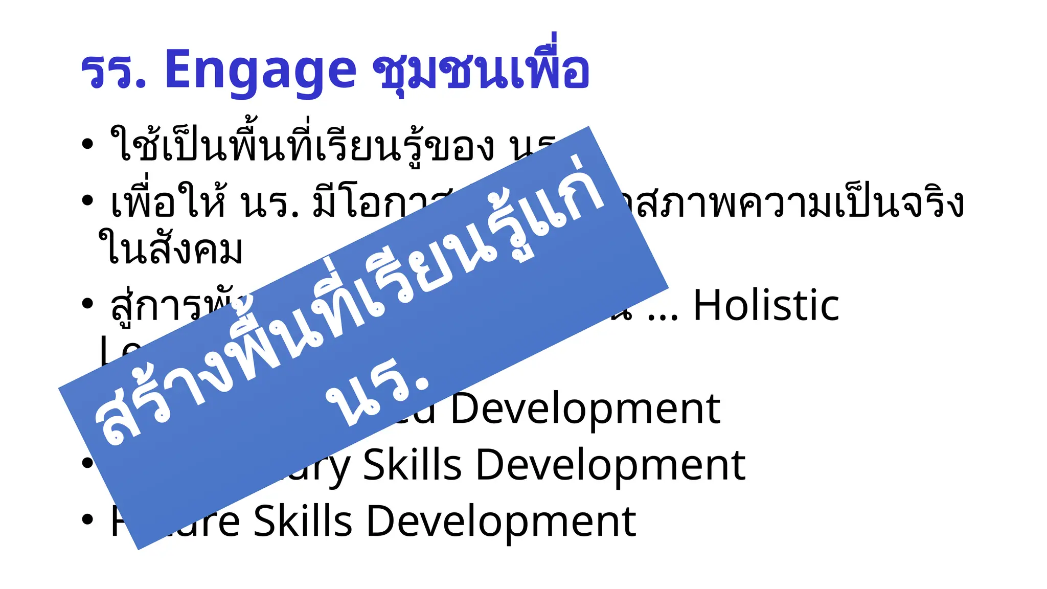 รร. Engage ชุมชนเพื่อ
• ใช้เป็นพื้นที่เรียนรู้ของ นร.
• เพื่อให้ นร. มีโอกาสเรียนรู้จากสภาพความเป็นจริง
ในสังคม
• สู่การพัฒนาตนเองครบทุกด้าน ... Holistic
Learning
• VASK Integrated Development
• 21st
Century Skills Development
• Future Skills Development
สร้างพื้นที่เรียนรู้แก่
นร.
 