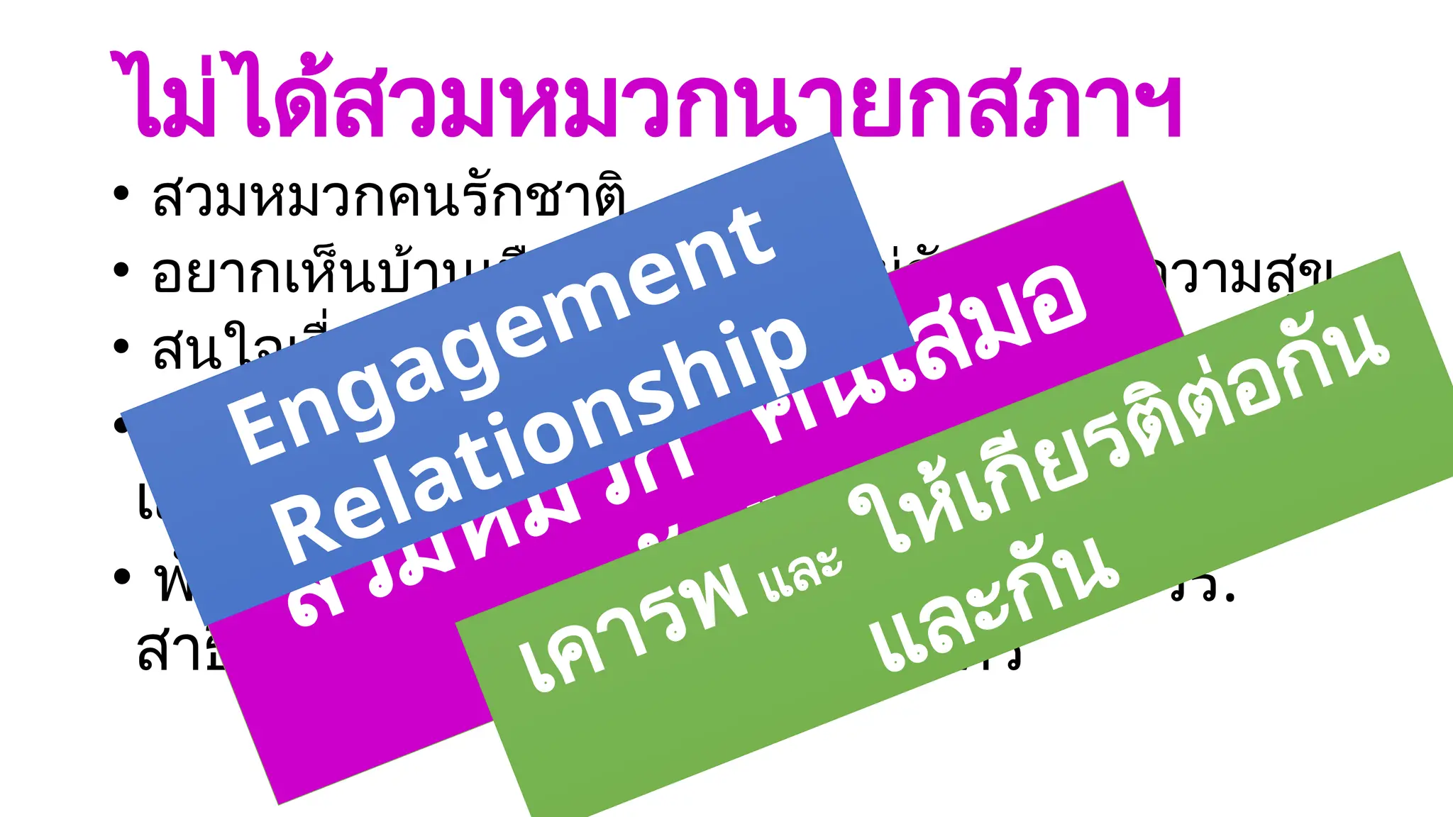 ไม่ได้สวมหมวกนายกสภาฯ
• สวมหมวกคนรักชาติ
• อยากเห็นบ้านเมืองดี คนไทยอยู่กันอย่างมีความสุข
• สนใจเรื่องการเรียนรู้ การศึกษา
• อยากเห็น รร. สุรวิวัฒน์ ทำหน้าที่สร้างคนดี
และเก่ง ให้แก่บ้านเมือง
• พัฒนาเป็นตัวอย่าง ขยายผล ดังกรณี รร.
สาธิตแห่งมหาวิทยาลัยธรรมศาสตร์
สวมหมวก “คนเสมอ
กัน”
เคารพ และ ให้เกียรติต่อกัน
และกัน
Engagement
Relationship
 