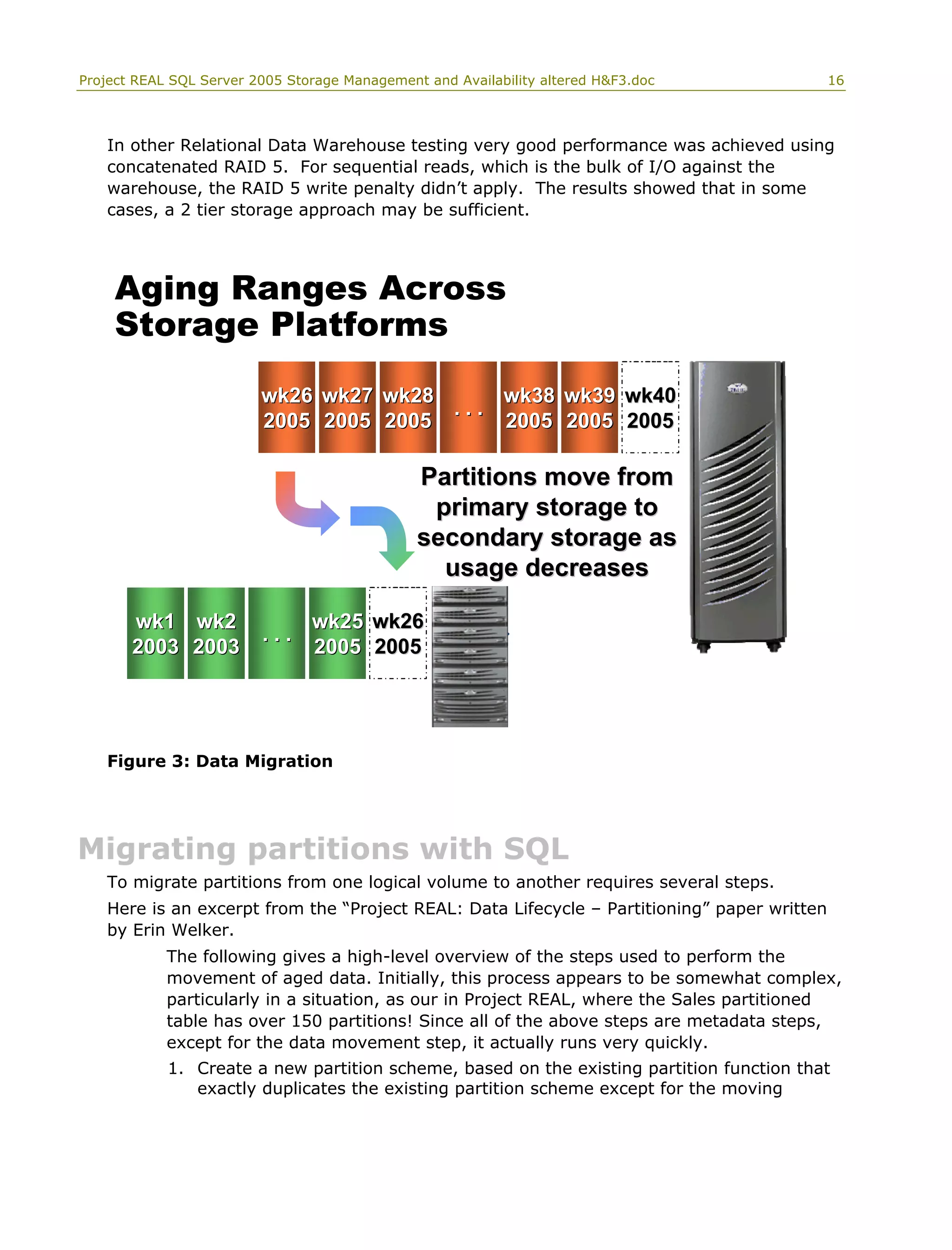 Project REAL SQL Server 2005 Storage Management and Availability altered H&F3.doc 16
In other Relational Data Warehouse testing very good performance was achieved using
concatenated RAID 5. For sequential reads, which is the bulk of I/O against the
warehouse, the RAID 5 write penalty didn’t apply. The results showed that in some
cases, a 2 tier storage approach may be sufficient.
Aging Ranges Across
Storage Platforms
wk26wk26
20052005
wk27wk27
20052005
wk28wk28
20052005
wk1wk1
20032003
wk2wk2
20032003
. . .. . .
wk25wk25
20052005
. . .. . .
wk38wk38
20052005
wk39wk39
20052005
wk40wk40
20052005
wk26wk26
20052005
Partitions move fromPartitions move from
primary storage toprimary storage to
secondary storage assecondary storage as
usage decreasesusage decreases
Figure 3: Data Migration
Migrating partitions with SQL
To migrate partitions from one logical volume to another requires several steps.
Here is an excerpt from the “Project REAL: Data Lifecycle – Partitioning” paper written
by Erin Welker.
The following gives a high-level overview of the steps used to perform the
movement of aged data. Initially, this process appears to be somewhat complex,
particularly in a situation, as our in Project REAL, where the Sales partitioned
table has over 150 partitions! Since all of the above steps are metadata steps,
except for the data movement step, it actually runs very quickly.
1. Create a new partition scheme, based on the existing partition function that
exactly duplicates the existing partition scheme except for the moving
 
