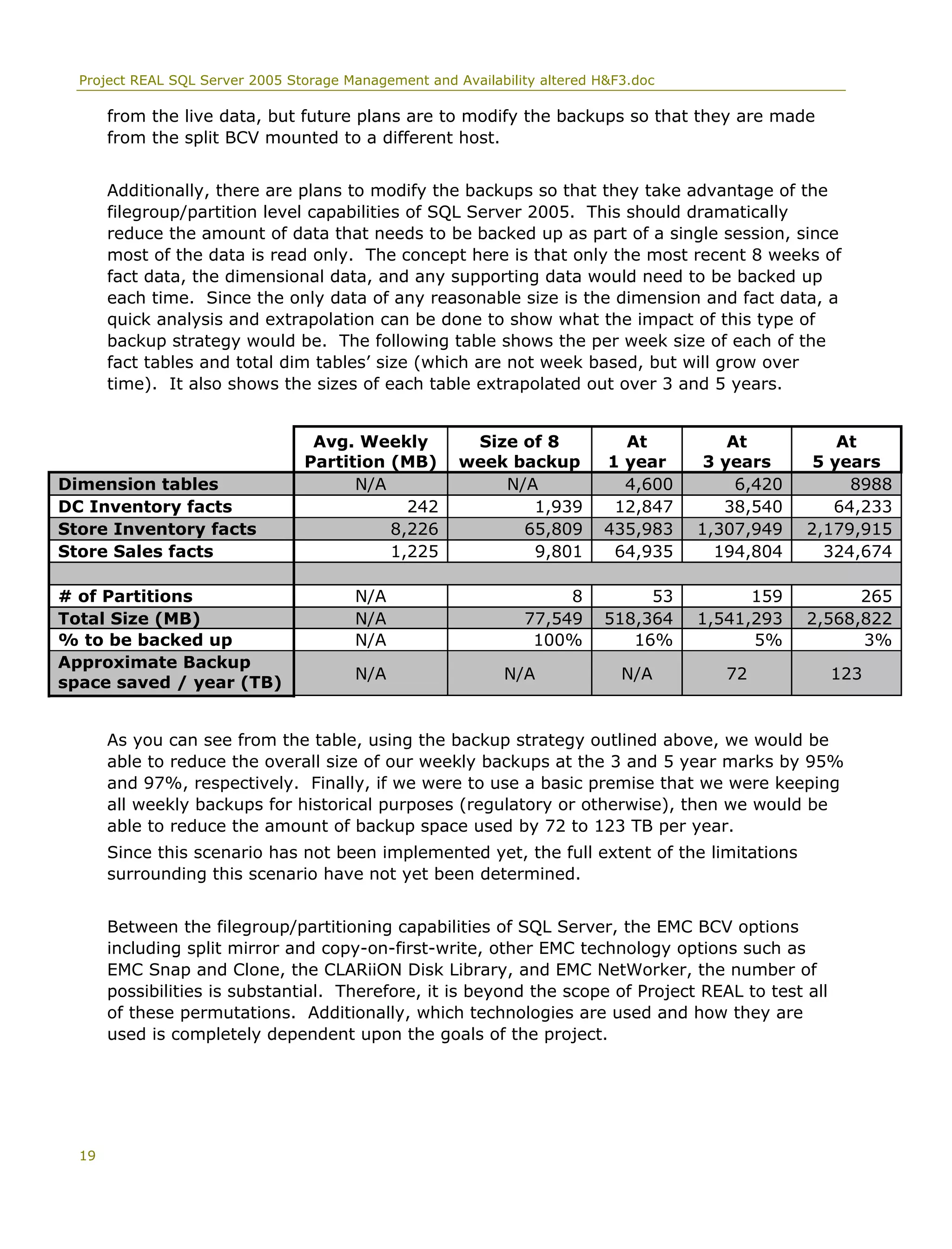 Project REAL SQL Server 2005 Storage Management and Availability altered H&F3.doc
from the live data, but future plans are to modify the backups so that they are made
from the split BCV mounted to a different host.
Additionally, there are plans to modify the backups so that they take advantage of the
filegroup/partition level capabilities of SQL Server 2005. This should dramatically
reduce the amount of data that needs to be backed up as part of a single session, since
most of the data is read only. The concept here is that only the most recent 8 weeks of
fact data, the dimensional data, and any supporting data would need to be backed up
each time. Since the only data of any reasonable size is the dimension and fact data, a
quick analysis and extrapolation can be done to show what the impact of this type of
backup strategy would be. The following table shows the per week size of each of the
fact tables and total dim tables’ size (which are not week based, but will grow over
time). It also shows the sizes of each table extrapolated out over 3 and 5 years.
Avg. Weekly
Partition (MB)
Size of 8
week backup
At
1 year
At
3 years
At
5 years
Dimension tables N/A N/A 4,600 6,420 8988
DC Inventory facts 242 1,939 12,847 38,540 64,233
Store Inventory facts 8,226 65,809 435,983 1,307,949 2,179,915
Store Sales facts 1,225 9,801 64,935 194,804 324,674
# of Partitions N/A 8 53 159 265
Total Size (MB) N/A 77,549 518,364 1,541,293 2,568,822
% to be backed up N/A 100% 16% 5% 3%
Approximate Backup
space saved / year (TB)
N/A N/A N/A 72 123
As you can see from the table, using the backup strategy outlined above, we would be
able to reduce the overall size of our weekly backups at the 3 and 5 year marks by 95%
and 97%, respectively. Finally, if we were to use a basic premise that we were keeping
all weekly backups for historical purposes (regulatory or otherwise), then we would be
able to reduce the amount of backup space used by 72 to 123 TB per year.
Since this scenario has not been implemented yet, the full extent of the limitations
surrounding this scenario have not yet been determined.
Between the filegroup/partitioning capabilities of SQL Server, the EMC BCV options
including split mirror and copy-on-first-write, other EMC technology options such as
EMC Snap and Clone, the CLARiiON Disk Library, and EMC NetWorker, the number of
possibilities is substantial. Therefore, it is beyond the scope of Project REAL to test all
of these permutations. Additionally, which technologies are used and how they are
used is completely dependent upon the goals of the project.
19
 