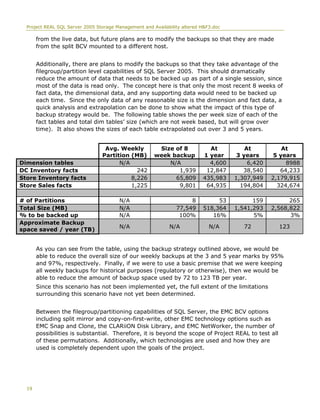 Project REAL SQL Server 2005 Storage Management and Availability altered H&F3.doc
from the live data, but future plans are to modify the backups so that they are made
from the split BCV mounted to a different host.
Additionally, there are plans to modify the backups so that they take advantage of the
filegroup/partition level capabilities of SQL Server 2005. This should dramatically
reduce the amount of data that needs to be backed up as part of a single session, since
most of the data is read only. The concept here is that only the most recent 8 weeks of
fact data, the dimensional data, and any supporting data would need to be backed up
each time. Since the only data of any reasonable size is the dimension and fact data, a
quick analysis and extrapolation can be done to show what the impact of this type of
backup strategy would be. The following table shows the per week size of each of the
fact tables and total dim tables’ size (which are not week based, but will grow over
time). It also shows the sizes of each table extrapolated out over 3 and 5 years.
Avg. Weekly
Partition (MB)
Size of 8
week backup
At
1 year
At
3 years
At
5 years
Dimension tables N/A N/A 4,600 6,420 8988
DC Inventory facts 242 1,939 12,847 38,540 64,233
Store Inventory facts 8,226 65,809 435,983 1,307,949 2,179,915
Store Sales facts 1,225 9,801 64,935 194,804 324,674
# of Partitions N/A 8 53 159 265
Total Size (MB) N/A 77,549 518,364 1,541,293 2,568,822
% to be backed up N/A 100% 16% 5% 3%
Approximate Backup
space saved / year (TB)
N/A N/A N/A 72 123
As you can see from the table, using the backup strategy outlined above, we would be
able to reduce the overall size of our weekly backups at the 3 and 5 year marks by 95%
and 97%, respectively. Finally, if we were to use a basic premise that we were keeping
all weekly backups for historical purposes (regulatory or otherwise), then we would be
able to reduce the amount of backup space used by 72 to 123 TB per year.
Since this scenario has not been implemented yet, the full extent of the limitations
surrounding this scenario have not yet been determined.
Between the filegroup/partitioning capabilities of SQL Server, the EMC BCV options
including split mirror and copy-on-first-write, other EMC technology options such as
EMC Snap and Clone, the CLARiiON Disk Library, and EMC NetWorker, the number of
possibilities is substantial. Therefore, it is beyond the scope of Project REAL to test all
of these permutations. Additionally, which technologies are used and how they are
used is completely dependent upon the goals of the project.
19
 