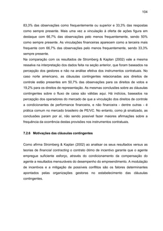 104
83,3% das observações como frequentemente ou superior e 33,3% das respostas
como sempre presente. Mais uma vez a vinculação à oferta de ações figura em
destaque com 66,7% das observações pelo menos frequentemente, sendo 50%
como sempre presente. As vinculações financeiras aparecem como a terceira mais
frequente com 66,7% das observações pelo menos frequentemente, sendo 33,3%
sempre presente.
Na comparação com os resultados de Stromberg & Kaplan (2002) vale a mesma
ressalva na interpretação dos dados feita na seção anterior, que foram baseados na
percepção dos gestores e não na análise efetiva dos instrumentos contratuais. No
caso norte americano, as cláusulas contingentes relacionadas aos direitos de
controle estão presentes em 50,7% das observações para os direitos de votos e
19,2% para os direitos de representação. As mesmas conclusões sobre as cláusulas
contingentes sobre o fluxo de caixa são válidas aqui. Há indícios, baseados na
percepção dos operadores do mercado de que a vinculação dos direitos de controle
a condicionantes de performance financeira, e não financeira - dentre outras - é
prática comum no mercado brasileiro de PE/VC. No entanto, como já sinalizado, as
conclusões param por aí, não sendo possível fazer maiores afirmações sobre a
frequência da ocorrência destas provisões nos instrumentos contratuais.
7.2.6 Motivações das cláusulas contingentes
Como afirma Stromberg & Kaplan (2002) ao analisar os seus resultados versus as
teorias de financial contracting o contrato ótimo de incentivo garante que o agente
empregue suficiente esforço, através do condicionamento da compensação do
agente a resultados mensuráveis do desempenho do empreendimento. A modulação
de incentivos e a mitigação de possíveis conflitos são os fatores determinantes
apontados pelas organizações gestoras no estabelecimento das cláusulas
contingentes.
 