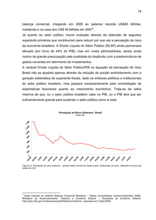 19
balança comercial, chegando em 2006 ao patamar recorde US$46 bilhões,
mantendo-o na casa dos US$ 40 bilhões em 20073
.
Já quanto ao setor público, houve evolução através da obtenção de seguidos
superávits primários que contribuíram para reduzir por sua vez a percepção de risco
da economia brasileira. A Dívida Líquida do Setor Público (DLSP) ainda permanece
elevada (em torno de 44% do PIB), mas em níveis administráveis, sendo ainda
motivo de grande preocupação pela qualidade do dispêndio com a predominância de
gastos correntes em detrimento de investimentos.
A variável Dívida Líquida do Setor Público/PIB na equação da percepção de risco
Brasil não se ajustará apenas através da redução da porção endividamento com a
geração sistemática de superávits fiscais, dado os entraves políticos e institucionais
do setor público brasileiro, mas passará necessariamente pela consolidação de
expectativas favoráveis quanto ao crescimento econômico. Trata-se da velha
máxima de que, ou o setor público brasileiro cabe no PIB, ou o PIB terá que ser
suficientemente grande para sustentar o setor público como aí está.
Percepção de Risco Soberano - Brasil
Fonte LCA
0
200
400
600
800
1.000
1.200
1.400
jan/03
abr/03
jul/03
out/03
jan/04
abr/04
jul/04
out/04
jan/05
abr/05
jul/05
out/05
jan/06
abr/06
jul/06
out/06
jan/07
abr/07
jul/07
out/07
Figura 2.2: Percepção de risco soberano - spread médio mensal em bases points. Elaboração do autor, utilizando-se banco de
dados da LCA.
3
Dado extraído do relatório Balança Comercial Brasileira – Dados Consolidados (Janeiro-Dezembro 2006).
Ministério do Desenvolvimento, Indústria e Comércio Exterior – Secretaria de Comércio Exterior.
http://pab.mdic.gov.br/sitio/secex/depPlaDesComExterior` acessado em 13/jan/2008.
 