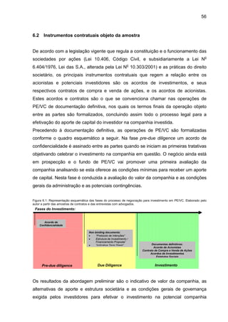 56
6.2 Instrumentos contratuais objeto da amostra
De acordo com a legislação vigente que regula a constituição e o funcionamento das
sociedades por ações (Lei 10.406, Código Civil, e subsidiariamente a Lei No
6.404/1976, Lei das S.A., alterada pela Lei No
10.303/2001) e as práticas do direito
societário, os principais instrumentos contratuais que regem a relação entre os
acionistas e potenciais investidores são os acordos de investimentos, e seus
respectivos contratos de compra e venda de ações, e os acordos de acionistas.
Estes acordos e contratos são o que se convenciona chamar nas operações de
PE/VC de documentação definitiva, nos quais os termos finais da operação objeto
entre as partes são formalizados, concluindo assim todo o processo legal para a
efetivação do aporte de capital do investidor na companhia investida.
Precedendo à documentação definitiva, as operações de PE/VC são formalizadas
conforme o quadro esquemático a seguir. Na fase pre-due diligence um acordo de
confidencialidade é assinado entre as partes quando se iniciam as primeiras tratativas
objetivando celebrar o investimento na companhia em questão. O negócio ainda está
em prospecção e o fundo de PE/VC vai promover uma primeira avaliação da
companhia analisando se esta oferece as condições mínimas para receber um aporte
de capital. Nesta fase é conduzida a avaliação do valor da companhia e as condições
gerais da administração e as potenciais contingências.
Figura 6.1: Representação esquemática das fases do processo de negociação para investimento em PE/VC. Elaborado pelo
autor a partir das amostras de contratos e das entrevistas com advogados.
Os resultados da abordagem preliminar são o indicativo de valor da companhia, as
alternativas de aporte e estrutura societária e as condições gerais de governança
exigida pelos investidores para efetivar o investimento na potencial companhia
Acordo de
Confidencialidade
Non binding documents:
• “Protocolo de Intenções”
• Estrutura de Investimento /
Financiamento Proposta”
• “Indicative Term Sheet”
Pre-due diligence
Documentos definitivos:
Acordo de Acionistas
Contrato de Compra e Venda de Ações
Acordos de Investimentos
Estatutos Sociais
Due Diligence Investimento
s
Fases do Investimento:
documentações
 