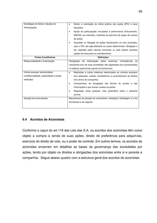 59
Estratégias de Saída e Ajustes de
Participações
• Direito a solicitação de oferta pública das ações (IPO) e seus
requisitos;
• Ajuste de participações vinculados à performance (Faturamento,
EBITDA, por exemplo), mediante ao exercício de opção de compra
de ações;
• Aquisição ou Resgate de Ações favorecendo um dos acionistas,
caso o IPO não seja efetivado em prazo determinado. Obrigação a
ser realizada pelos demais acionistas ou pela própria empresa
(ações em tesouraria ou cancelamento).
Partes Constitutivas Definições
Responsabilidade e Indenização Obrigações de indenização sobre eventuais contingências da
companhia e/ou de suas controladas não registradas e/ou provisionadas
no balanço patrimonial quando do fechamento.
Outras avenças: exclusividade,
confidencialidade, publicidades e outras
restrições
• Restrições a outras tratativas relacionadas ao controle acionário
e/ou alienação, cessão, transferência ou arrendamento de direitos
e/ou ativos da companhia;
• Compromisso de divulgação dos termos do acordo e das
informações a que tiveram acesso as partes;
• Regulação sobre qualquer nota publicitária sobre o presente
acordo.
Solução de controvérsias Mecanismos de solução de controvérsia: mediação e arbitragem e o rito
processual a ser seguido.
6.4 Acordos de Acionistas
Conforme o caput do art.118 das Leis das S.A. os acordos dos acionistas têm como
objeto a compra e venda de suas ações, direito de preferência para adquiri-las,
exercício do direito de voto, ou o poder de controle. Em outros termos, os acordos de
acionistas encerram em detalhes as bases da governança das sociedades por
ações, tendo por objeto os direitos e obrigações dos acionistas entre si e perante a
companhia. Segue abaixo quadro com a estrutura geral dos acordos de acionistas:
 