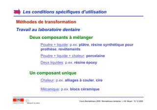 Les conditions spLes conditions spéécifiques dcifiques d’’utilisationutilisation
MMééthodes de transformationthodes de transformation
Travail au laboratoire dentaire
Deux composantsDeux composants àà mméélangerlanger
Un composant uniqueUn composant unique
Poudre + liquide: p.ex. plplââtretre, rréésine synthsine synthéétique pourtique pour
prothprothèèsese, revrevêêtementstements
Poudre + liquide + chaleur: porcelaineporcelaine
Deux liquides: p.ex. rréésinesine éépoxypoxy
Chaleur: p.ex. alliagesalliages àà coulercouler, cirecire
Mécanique: p.ex. blocs cblocs cééramiqueramique
Cours Biomatériaux 2006 / Biomatériaux dentaires / J.-M. Meyer / 15.12.2006
 