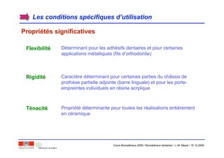 Les conditions spLes conditions spéécifiques dcifiques d’’utilisationutilisation
PropriPropriééttéés significativess significatives
FlexibilitFlexibilitéé Déterminant pour les adhésifs dentaires et pour certaines
applications métalliques (fils d’orthodontie)
RigiditRigiditéé Caractère déterminant pour certaines parties du châssis de
prothèse partielle adjointe (barre linguale) et pour les porte-
empreintes individuels en résine acrylique
TTéénacitnacitéé Propriété déterminante pour toutes les réalisations entièrement
en céramique
Cours Biomatériaux 2006 / Biomatériaux dentaires / J.-M. Meyer / 15.12.2006
 