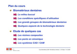 Plan du coursPlan du cours
BiomatBiomatéériaux dentairesriaux dentaires
Etude de quelques casEtude de quelques cas
Le milieu buccal
Les conditions spécifiques d’utilisation
Les grands groupes de biomatériaux dentaires
Quelques aspects de la technologie dentaire
Les résines composites
Les ponts en céramique
Les systèmes CAD / CAM
Cours Biomatériaux 2006 / Biomatériaux dentaires / J.-M. Meyer / 15.12.2006
 