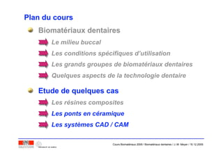 Plan du coursPlan du cours
BiomatBiomatéériaux dentairesriaux dentaires
Etude de quelques casEtude de quelques cas
Le milieu buccal
Les conditions spécifiques d’utilisation
Les grands groupes de biomatériaux dentaires
Quelques aspects de la technologie dentaire
Les résines composites
Les ponts en céramique
Les systèmes CAD / CAM
Cours Biomatériaux 2006 / Biomatériaux dentaires / J.-M. Meyer / 15.12.2006
 