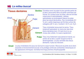 Le milieu buccalLe milieu buccal
Tissus dentairesTissus dentaires
Dentine
Pulpe
Cément
Email
EmailEmail Le plus minéralisé et le plus dur de tout le corps humain. Recouvre la partie de la dent
exposée à l’environnement buccal, et la protège contre les contraintes mécaniques et
les agressions chimiques. Constitué de longs prismes d’hydroxyapatite
DentineDentine Constitue avec la pulpe la plus grande partie de
la dent; recouverte dans sa partie coronaire par
l’émail. En contact avec la pulpe, elle est formée
notamment d’odontoblastes, cellules
spécialisées se prolongeant depuis la pulpe
dans les tubuli dentinaires. Peu minéralisée (51
% vol.), partie organique est formée surtout de
collagène (26 % vol.). Contient ~23 % vol. H2O.
CCéémentment
Tissu minéralisé recouvrant la racine. Tissu
conjonctif spécialisé, le moins dur des trois
tissus dentaires durs. S’il est mis à nu au
niveau des collets, il s’usera rapidement.
PulpePulpe Tissu mou fortement vascularisé et inervé, au
centre de la dent, à partir duquel se fait la
dentinogénèse. Le plus sensible des tissus
dentaires; il peut se nécroser.
Cours Biomatériaux 2006 / Biomatériaux dentaires / J.-M. Meyer / 15.12.2006
 