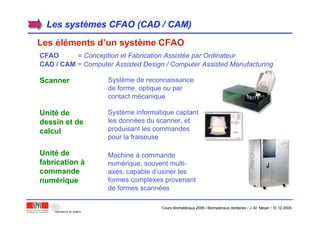 Les systLes systèèmes CFAO (CAD / CAM)mes CFAO (CAD / CAM)
Les éléments d’un système CFAO
CFAO = Conception et Fabrication Assistée par Ordinateur
CAD / CAM = Computer Assisted Design / Computer Assisted Manufacturing
ScannerScanner Système de reconnaissance
de forme, optique ou par
contact mécanique
UnitUnitéé dede
fabricationfabrication àà
commandecommande
numnuméériquerique
Machine à commande
numérique, souvent multi-
axes, capable d’usiner les
formes complexes provenant
de formes scannées
UnitUnitéé dede
dessin et dedessin et de
calculcalcul
Système informatique captant
les données du scanner, et
produisant les commandes
pour la fraiseuse
Cours Biomatériaux 2006 / Biomatériaux dentaires / J.-M. Meyer / 15.12.2006
 