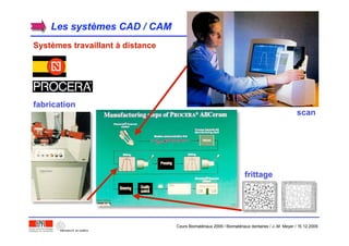 Les systLes systèèmes CAD / CAMmes CAD / CAM
SystSystèèmes travaillantmes travaillant àà distancedistance
scanscan
fabricationfabrication
frittagefrittage
Cours Biomatériaux 2006 / Biomatériaux dentaires / J.-M. Meyer / 15.12.2006
 
