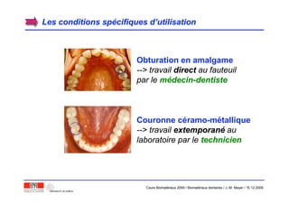 Les conditions spLes conditions spéécifiques dcifiques d’’utilisationutilisation
Obturation en amalgame
--> travail directdirect au fauteuil
par le mméédecin-dentistedecin-dentiste
Couronne céramo-métallique
--> travail extemporanextemporanéé au
laboratoire par le technicientechnicien
Cours Biomatériaux 2006 / Biomatériaux dentaires / J.-M. Meyer / 15.12.2006
 