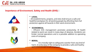 Importance of Environment, Safety and Health (EHS) 
 LEGAL
– All establishments, projects, and sites shall ensure a safe and
healthful workplace for all working people by affording them full
protection against all hazards in their work environment.
 ECONOMICAL
– Efficient EHS management promotes productivity. Ill health
related to work can result in many days of absence. Accidents can
hinder normal operations and is a possible addition to operating
costs of company.
 MORAL
– It is morally right to safeguard a worker from any kind of
harm. It is the duty of the company to provide a safe and healthy
work environment to all employees.
 