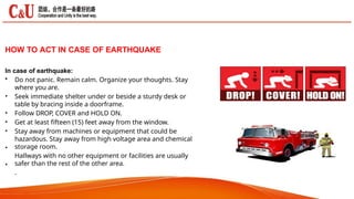 HOW TO ACT IN CASE OF EARTHQUAKE
In case of earthquake:
•
•
•
•
•
•
• Do not panic. Remain calm. Organize your thoughts. Stay
where you are.
Seek immediate shelter under or beside a sturdy desk or
table by bracing inside a doorframe.
Follow DROP, COVER and HOLD ON.
Get at least fifteen (15) feet away from the window.
Stay away from machines or equipment that could be
hazardous. Stay away from high voltage area and chemical
storage room.
Hallways with no other equipment or facilities are usually
safer than the rest of the other area.
.
 