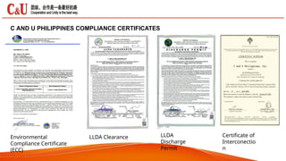 Environmental
Compliance Certificate
(ECC)
LLDA Clearance LLDA
Discharge
Permit
Certificate of
Interconectio
n
C AND U PHILIPPINES COMPLIANCE CERTIFICATES
 