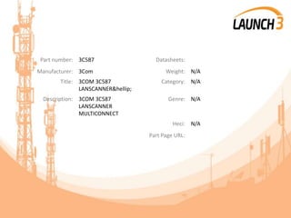 Part number: 3C587 Datasheets:
Manufacturer: 3Com Weight: N/A
Title: 3COM 3C587
LANSCANNER&hellip;
Category: N/A
Description: 3COM 3C587
LANSCANNER
MULTICONNECT
Genre: N/A
Heci: N/A
Part Page URL:
 