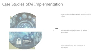 Case Studies ofAi Implementation
High incidence of fraudulent transactions in
crypto
› Machine learning algorithms to detect
anomalies
Increased security and user trust in
exchanges
 