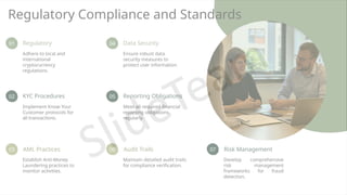 Regulatory Compliance and Standards
01 Regulatory
Adhere to local and
international
cryptocurrency
regulations.
02 KYC Procedures
Implement Know Your
Customer protocols for
all transactions.
03 AML Practices
Establish Anti-Money
Laundering practices to
monitor activities.
04 Data Security
Ensure robust data
security measures to
protect user information.
05 Reporting Obligations
Meet all required financial
reporting obligations
regularly.
06 Audit Trails
Maintain detailed audit trails
for compliance verification.
07 Risk Management
Develop comprehensive
risk management
frameworks for fraud
detection.
 