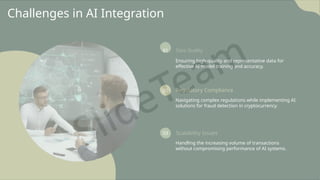 Challenges in AI Integration
01 Data Quality
Ensuring high-quality and representative data for
effective AI model training and accuracy.
02 Regulatory Compliance
Navigating complex regulations while implementing AI
solutions for fraud detection in cryptocurrency.
03 Scalability Issues
Handling the increasing volume of transactions
without compromising performance of AI systems.
 