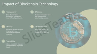 Impact of Blockchain Technology
01 Transparency
Blockchain enables
transparent transaction
records for all participants.
02 Security
Enhanced security through
cryptography and
decentralized network
structure.
03 Traceability
Allows traceability of assets
and transactions to prevent
fraud.
04 Efficiency
Reduces transaction times
and costs through
automated processes.
05 Decentralization
Minimizes reliance on
central authorities,
increasing accessibility.
 